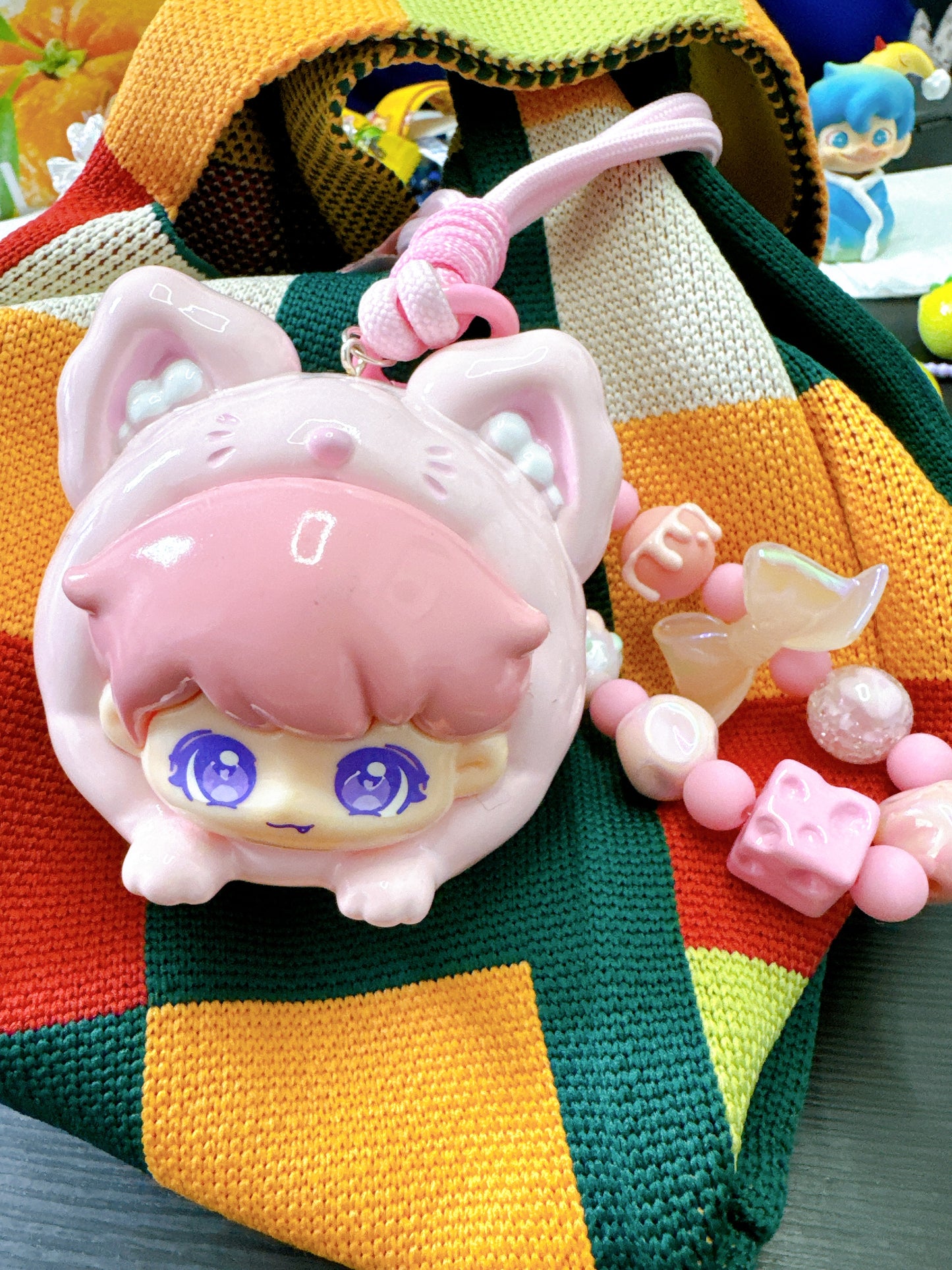 Bag charm with Animal Party Pink Cat (acrylic chain as gift)